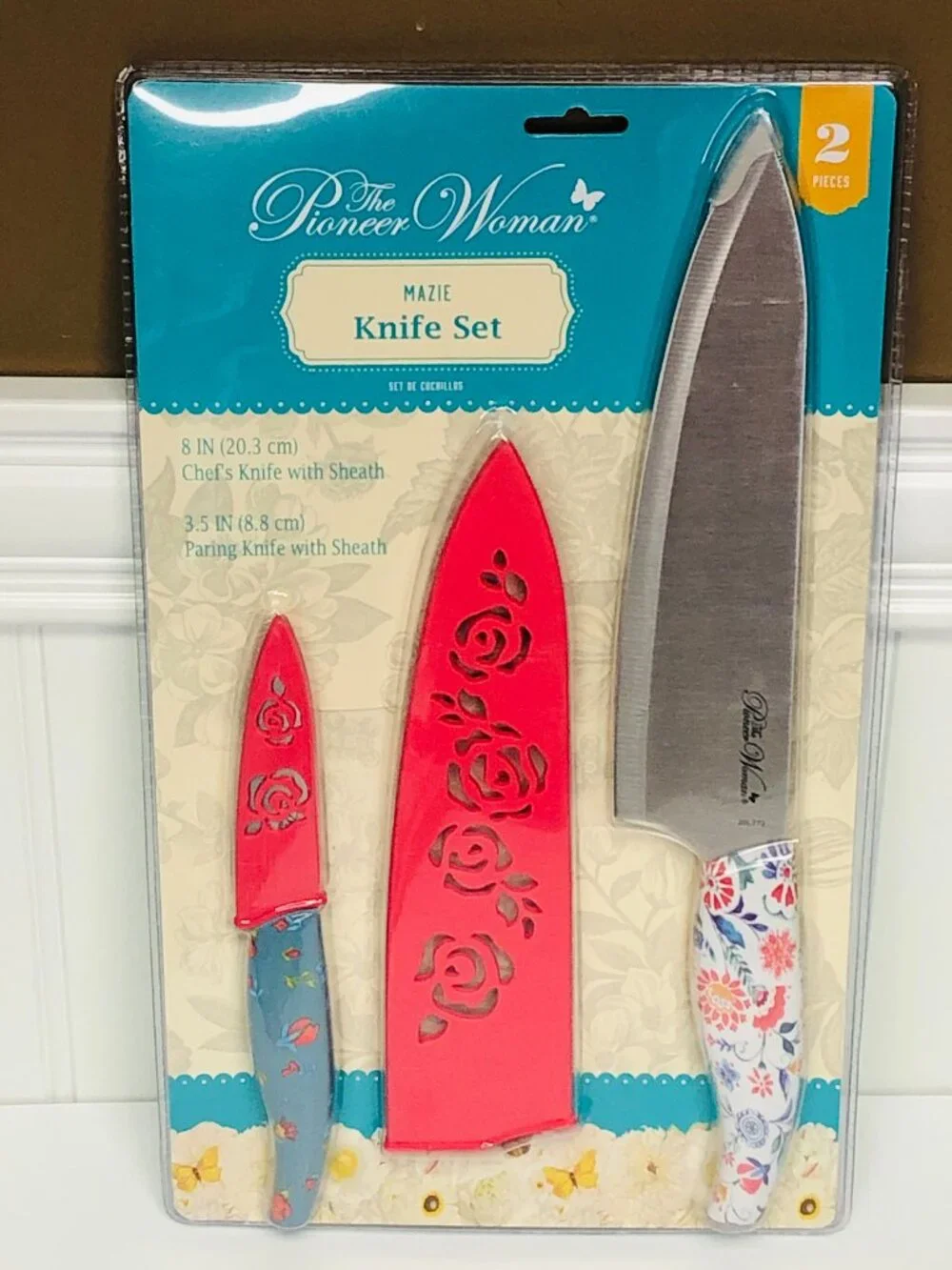 Pioneer Woman Mazie Knife Set 2pc Chef & Paring Knives with Sheaths Floral New